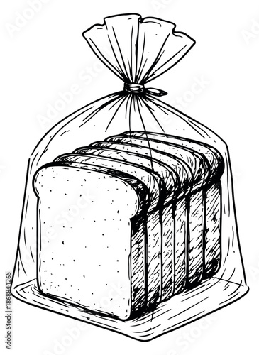 Hand drawn line art illustration of a loaf of sliced bread depicting it packaged in a plastic bag for food industry and breakfast themes