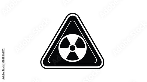 A black and white triangular warning sign featuring a central radioactive hazard symbol