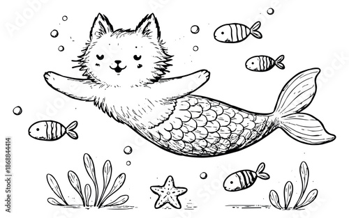 Hand drawn line art illustration of a cute mer-cat depicting swimming underwater for fantasy design