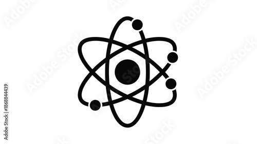 A simple black and white illustration depicting an atom model with electrons orbiting a nucleus