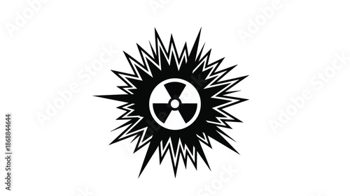 A black and white image displaying a radiation warning symbol within a spiky explosive burst