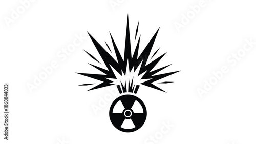 Black and white illustration of a stylized nuclear bomb with an explosion symbol