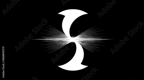 Modern abstract symmetrical white symbol with radiant light burst on dark background. Digital art, elegant and energetic design.