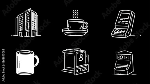 Modern Line Art Icon Set: Hotel, Hospitality, Business, Coffee, Payment Terminal & Building on Dark Background