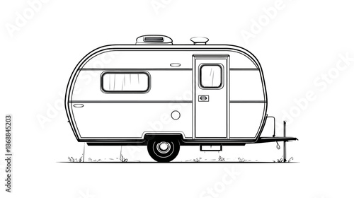 Vintage Travel Trailer Line Art Drawing Illustration, Retro Camper Caravan in Black and White, Side View RV Outline Sketch