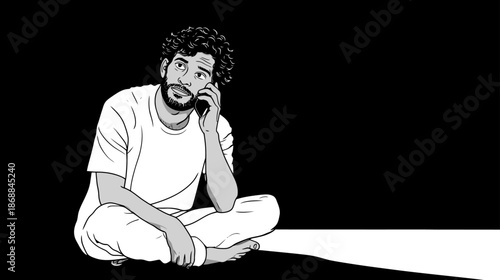 Contemplative Man on Phone Call Sitting Alone in Dark Room. Black and White Vector Illustration of Solitude and Worry