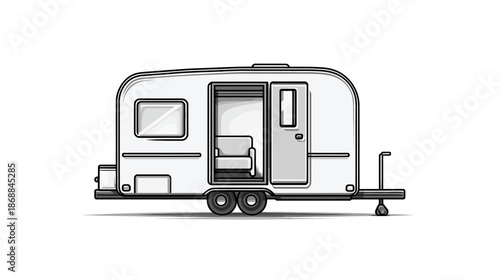Grayscale Travel Trailer Illustration with Open Door, Vector Graphic for Camping, Road Trips, and Outdoor Adventures