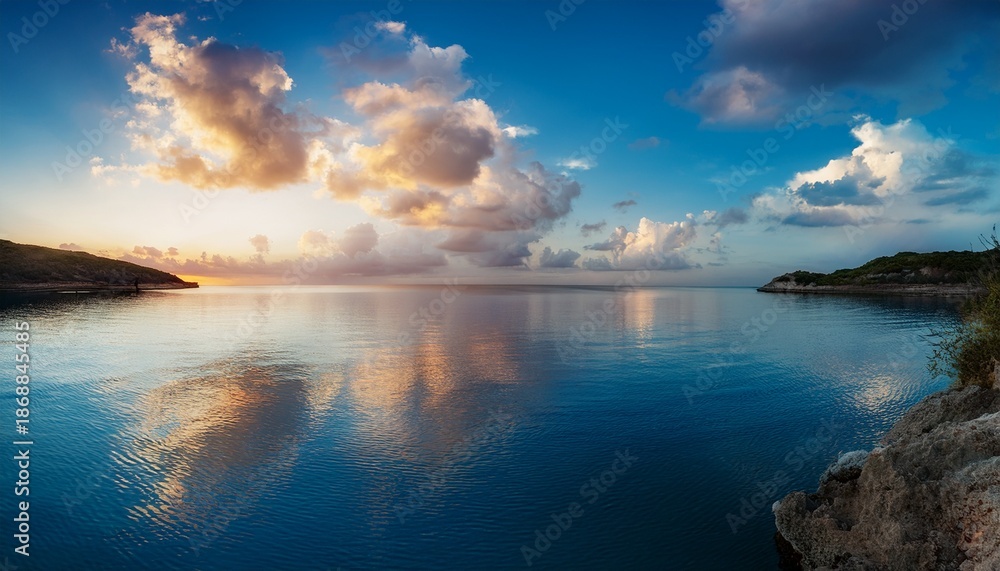 Obraz premium Calm Blue Water Reflecting The Golden Hour Sky With Fluffy Clouds