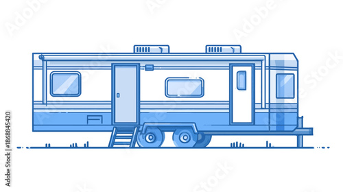 Modern blue line art illustration of a travel trailer camper, perfect for road trips, outdoor adventures, and nomadic lifestyle.