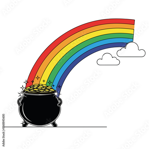 Colorful rainbow arches into gleaming pot of gold, symbolizing luck and prosperity. Pot of gold is filled with shining coins, resting beneath gentle clouds, creating whimsical scene.