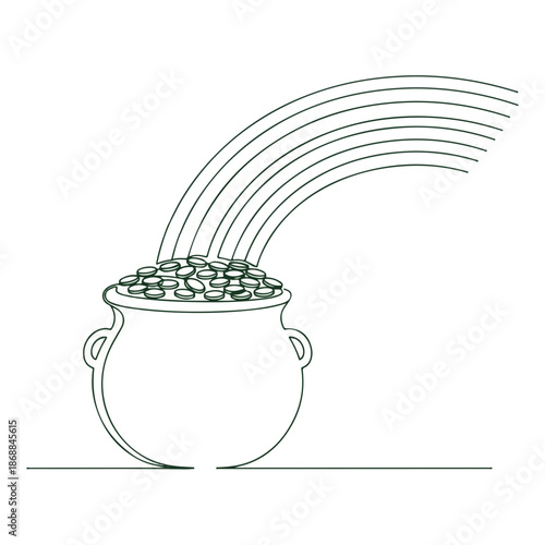 Continuous line illustration of a shimmering pot of gold with overflowing coins under a colorful rainbow arch.
