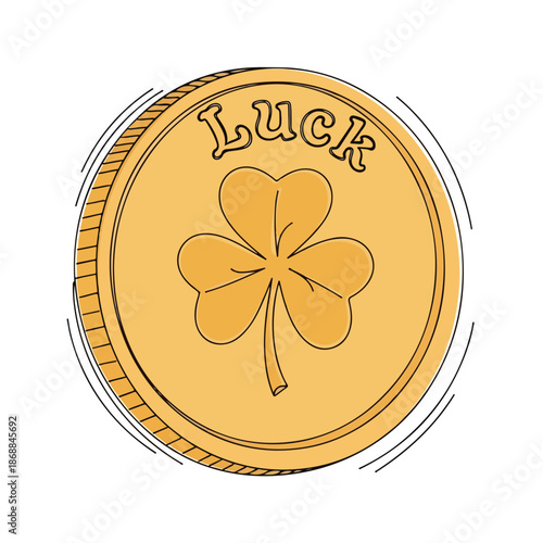Golden good luck coin with green shamrock symbol and text on its surface. Detailed good luck charm representing fortune and prosperity, ideal for St. Patrick's Day themes.