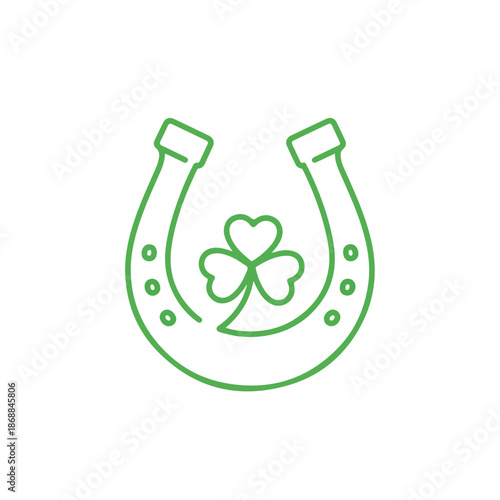 Green outline of lucky charm, horseshoe with three leaf clover, displayed on clean white background. This traditional lucky charm symbolizes good fortune, prosperity, and joy for festive designs.