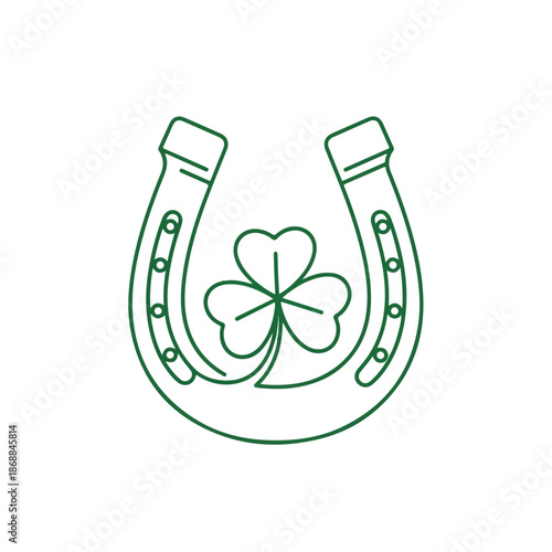 Outline horseshoe with shamrock for St Patricks Day celebration. Green line art symbol blends traditional good luck elements, perfect for St Patricks Day design.