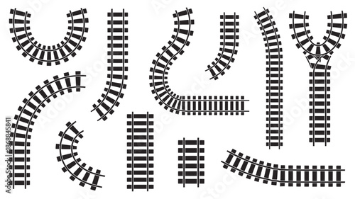 Railroad tracks, straight, wavy, and curved rails in top view, ladder elements and steel bars laid for construction, isolated vector set for transportation, infrastructure, and industrial design