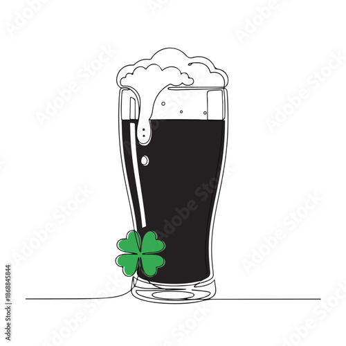 Continuous line art of dark beer glass with frothy foam, shamrock detail for St Patricks Day celebration. Tall glass of ale perfectly captures festive spirit, embodying St Patricks Day traditions.