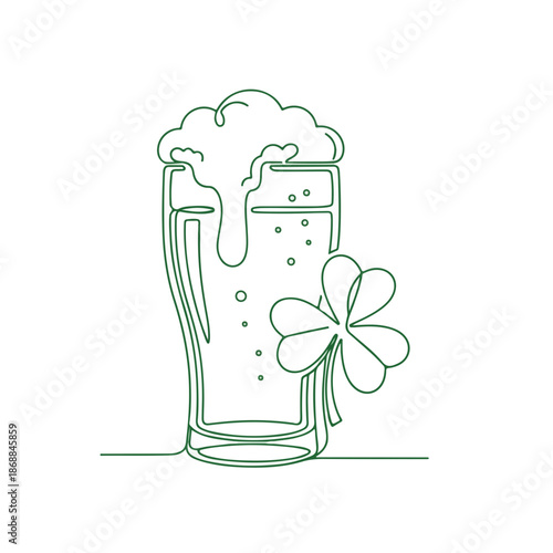 St. Patrick's Day celebration depicted with green beer glass and frothy head, accompanied by lucky shamrock leaf outline. This festive St. Patrick's Day artwork captures Irish spirit and tradition.