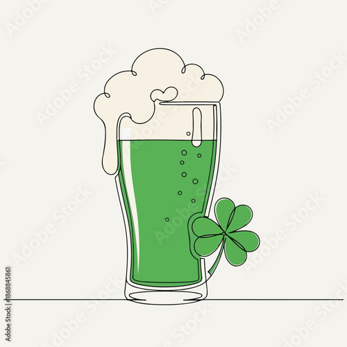 Single line drawing of green beer in pilsner glass with foam. Modern illustration depicts refreshing green beer with lucky shamrock for St Patricks Day celebration.