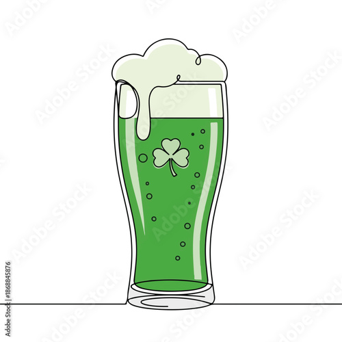 Green beer pint glass illustration with frothy foam and shamrock detail, symbolizing Irish celebrations. Festive green beer perfect for St. Patrick's Day parties and cultural events.