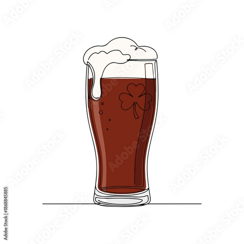 St Patricks Day beer illustration with dark beverage and frothy head in a clear glass. Festive St Patricks Day beer showcases a traditional shamrock detail, symbolizing good luck for celebration.