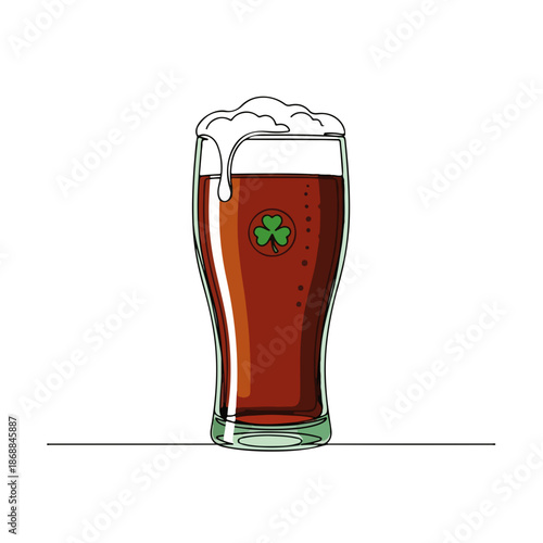 Traditional St Patricks Day stout beer glass with frothy head and Irish shamrock symbol on clean white background. Full glass dark ale highlights festive celebration,