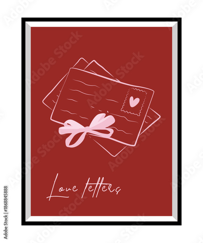 Romantic Valentine’s Day poster illustrated with ink in soft pink and deep burgundy tones. Hand-drawn love letters and a vintage locket for photos and keepsakes create a nostalgic, emotional atmospher