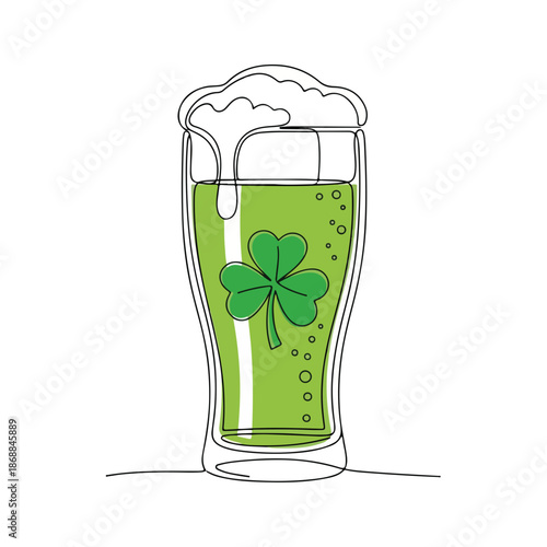 Line art illustration of frothy green beer in a tall glass, featuring a shamrock detail. This festive green beer design symbolizes St. Patrick's Day and Irish culture.