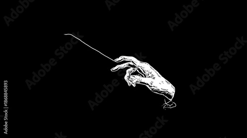 Monochrome illustration of a hand holding a thin stick or baton against a dark background, symbolizing direction, control, or performance.