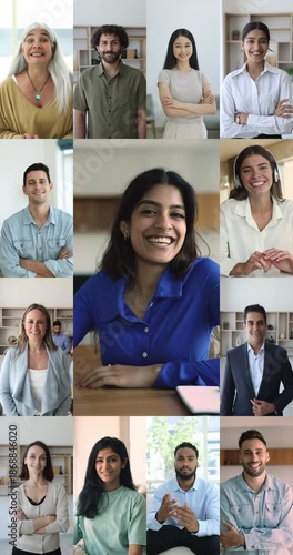 Group of multiethnic people look at camera, Indian female make speech, take part in videoconference, start virtual meeting, greeting participants enjoy online talk, remote communication, collage view