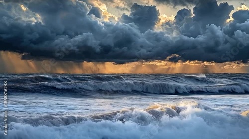 Dramatic ocean storm with dark turbulent clouds contrasting with brief sunlit rain shafts above waves