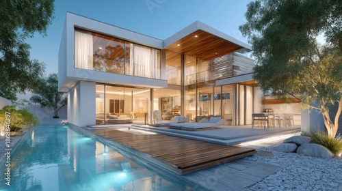 Wallpaper Mural Modern luxurious house with pool and wooden deck surrounded by trees at sunset. Torontodigital.ca