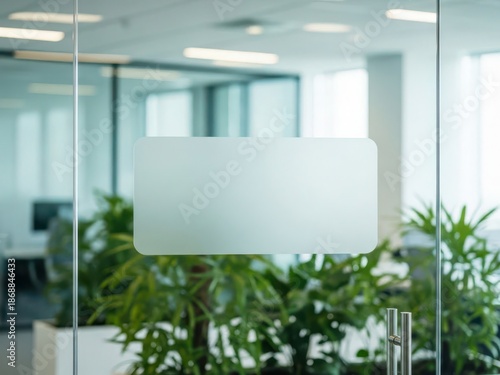 Frosted glass partition in a modern office with green plants and a blank sign