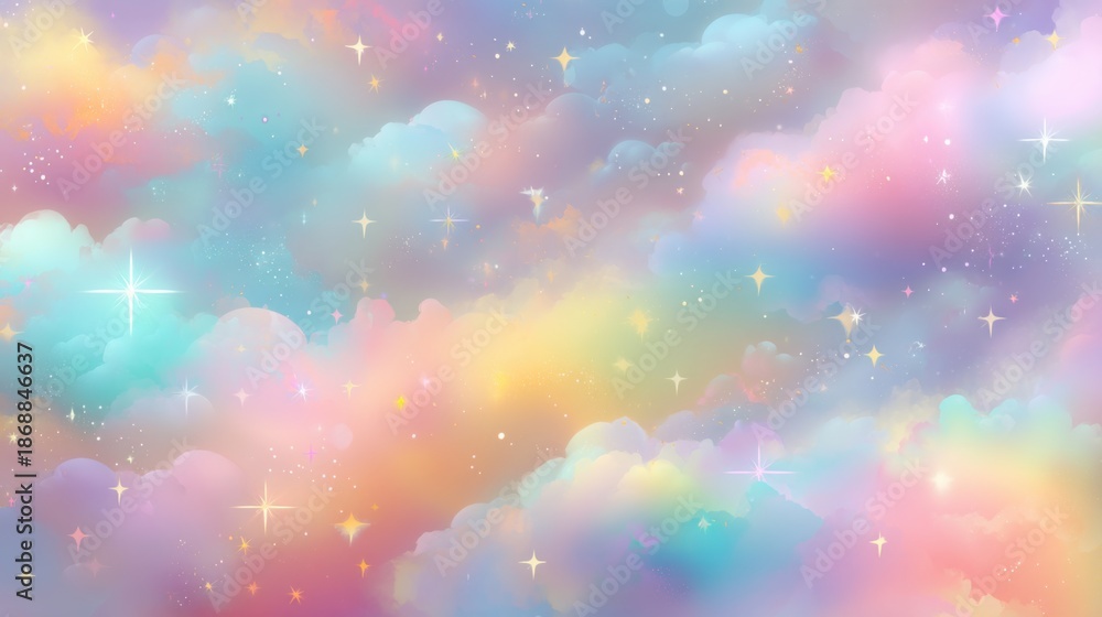 Fototapeta premium Dreamy pastel cloudscape with sparkling stars and soft rainbow hues.