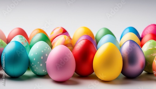 Dozens Of Beautifully Colored Easter Eggs In Bright Shades Of Green Pink Yellow Blue And Red Are Arranged In Neat Rows On A Light Background Ready For Holiday Festivities Banner
