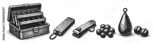 A black and white engraving shows an open tackle box, sinkers, and fishing weights, presented on a plain white background.