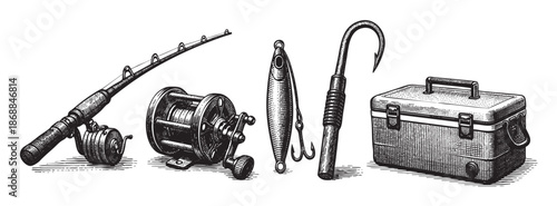 A detailed black and white engraving illustration displays a collection of fishing gear including a rod, reel, lure, hook, and cooler, perfect for outdoor activity themes.