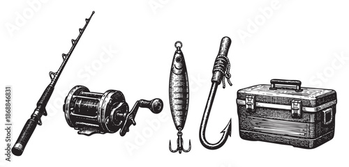 Vintage illustration of essential fishing equipment including a rod, reel, lure, hook, and tackle box arranged in a line on a white background.