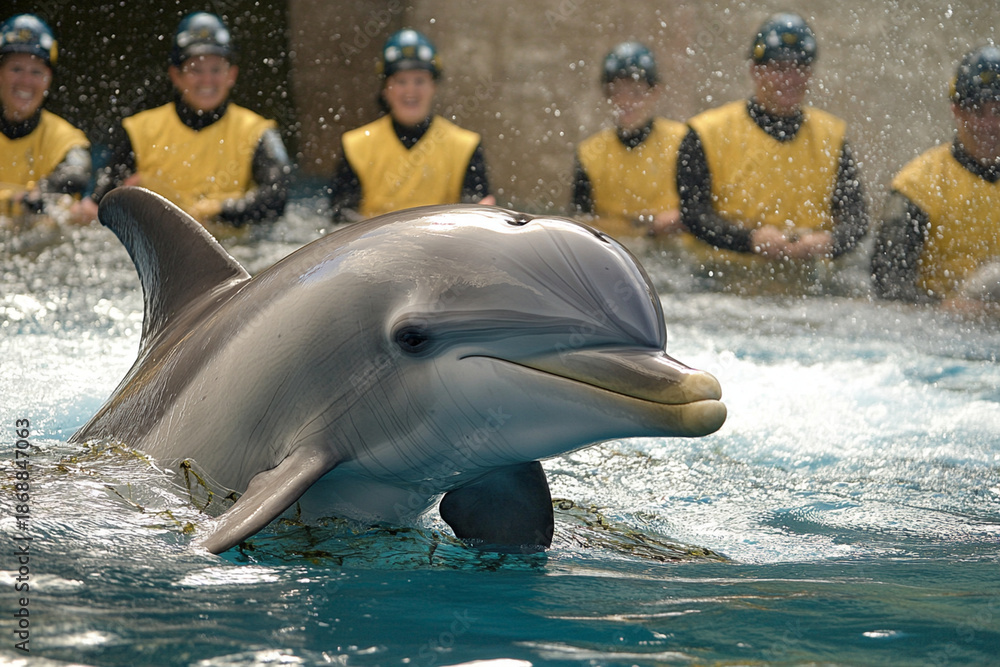Obraz premium Rescue team liberates trapped dolphin from fishing gear in coastal waters during afternoon operation
