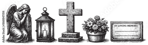 A solemn collection of cemetery symbols including a kneeling angel, lantern with flame, stone cross, potted flowers, and a memorial plaque in a vintage engraving style.