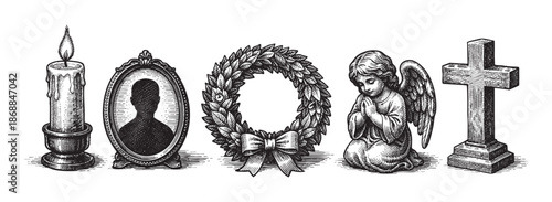 Black and white sketch of funeral memorial symbols including a lit candle, photo frame, laurel wreath, angel statue, and cross, ideal for themes of grief, remembrance, and loss.