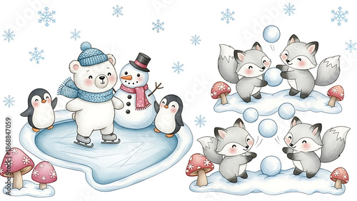 Cute animals playing in winter scene isolated on a transparent background