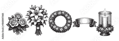 A detailed black and white engraving illustration featuring funeral arrangements including roses, lilies, a wreath, a ribbon, and a candle, suitable for memorial services or sympathy cards.