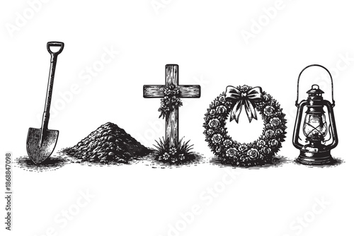 This vintage illustration features symbols of mourning and remembrance, including a shovel, dirt pile, cross, floral wreath, and lantern, set against a clean white background.