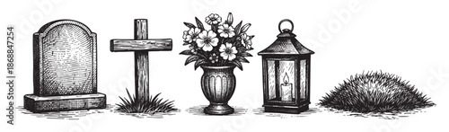 A detailed black and white engraving features a collection of graveyard elements including a tombstone, wooden cross, flower bouquet, lantern with candle, and a grassy mound.