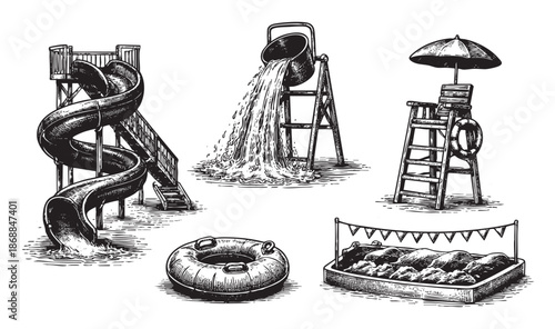 A vintage black and white line art sketch features five distinct elements from a water park including a spiral slide, a tipping bucket, a lifeguard chair, an inner tube, and a shallow pool with flags.