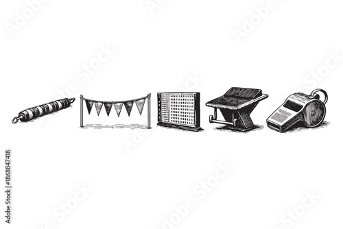 A black and white sketch of various sports equipment, including a jump rope, pennant banner, scoreboard, starting block, and whistle, isolated on a white background.