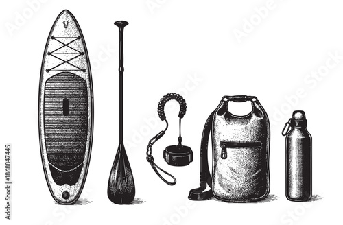 A detailed ink sketch illustrates essential stand up paddleboard equipment including a board, paddle, leash, dry bag, and water bottle on a white background.
