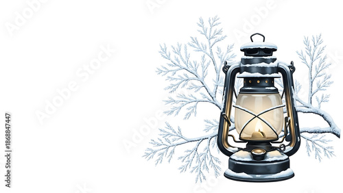 Snowy lantern with frosty branches isolated on a transparent background