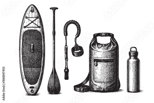 A detailed ink sketch illustrates essential stand up paddleboard equipment including a board, paddle, leash, dry bag, and water bottle on a white background.