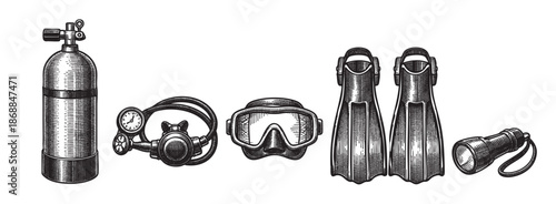 A detailed vintage-style illustration showcases essential scuba diving equipment, including a tank, regulator, mask, fins, and flashlight, presented on a clean white background.